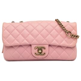 Chanel-Solapa única de piel de becerro acolchada Chanel Pink CC-Rosa