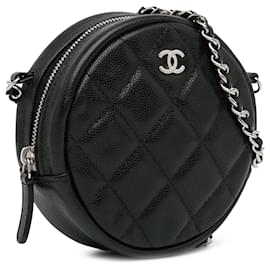 Chanel-Chanel Black CC Quilted Caviar Round Clutch With Chain-Black