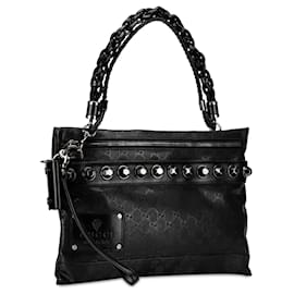 Gucci-Gucci Black GG Imprime Studded Shoulder Bag-Black
