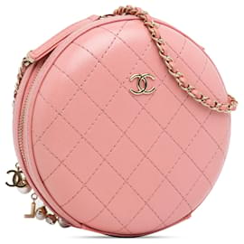 Chanel-Chanel – Runde Umhängetasche aus gestepptem Lammleder mit CC-Muster in Pink-Pink