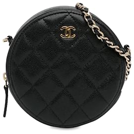 Chanel-Bolso de mano redondo de caviar acolchado CC negro de Chanel con cadena-Negro