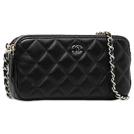 Chanel-Bolsa Chanel preta pequena CC acolchoada em pele de cordeiro com corrente-Preto