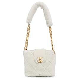 Chanel-Chanel White Shearling CC Shoulder Bag-White