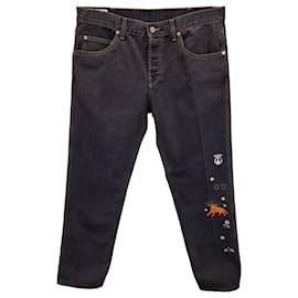 Gucci-Gucci Embroidered Motif Slim-fit Jeans In Navy Blue Cotton-Blue,Navy blue