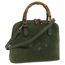 Gucci-GUCCI Bamboo Hand Bag Suede 2way Green 000 1274 0290 auth 71820-Green