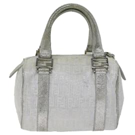 Fendi-FENDI Zucchino Canvas Hand Bag Silver Auth 71836-Silvery