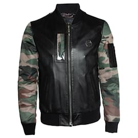Philipp Plein-Philipp Plein, Leather bomber jacket-Black,Green