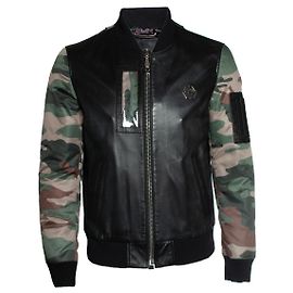 Philipp Plein, Bomberjacke aus Leder Schwarz Grün