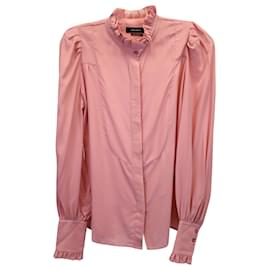 Isabel Marant-Isabel Marant Ruffled-Neck Button-Up Shirt in Pink Silk-Pink