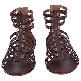 Alaïa-Alaia Bordeaux Gladiator Flat Sandals in Brown Leather-Brown