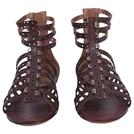 Alaïa-Alaia Sandales Plates Gladiator Bordeaux en Cuir Marron-Marron