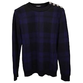 Balmain Plaid Sweater in Navy Blue Wool Blue