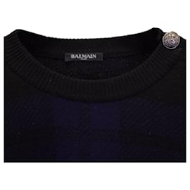 Balmain-Balmain Plaid Sweater in Navy Blue Wool-Blue