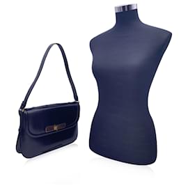 Gucci-Vintage Black Leather Flap Shoulder Bag Handbag-Black