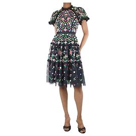 Needle & Thread Robe midi brodée florale noire - taille UK 6 Noir