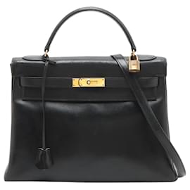 Hermès-black 1977 Kelly 32 sac en cuir de veau Box-Noir