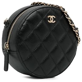 Chanel-Chanel Pochette rotonda caviale trapuntata CC nera con catena-Nero
