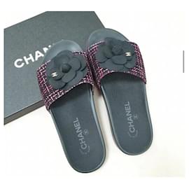Chanel-Chanel Camelia Tweed Sandals Flip FlopsChanel Camelia Tweed Sandals Flip Flops-Multicor