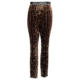 Autre Marque-Dolce & Gabbana Pantalon en soie imprimé léopard avec ceinture logo-Marron