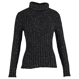 Khaite-Khaite Metallic Rib-Knit Turtleneck Sweater in Black Cashmere-Black
