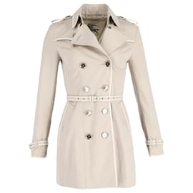 Burberry-Cappotto Burberry con cintura e petto foderato in cotone beige-Marrone,Beige