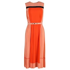 Victoria Beckham-Victoria Beckham Pleated Colorblock Midi Dress in Orange Silk-Orange