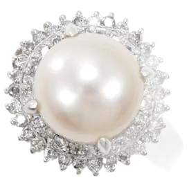 & Other Stories-PT900 Platinum Ring with 9mm Pearl and 0.44ct Diamond in Excellent Condition-Silvery