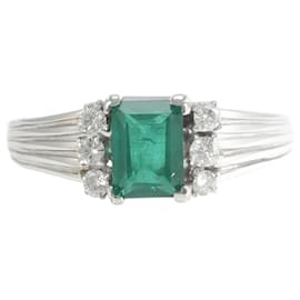 & Other Stories-PT850 Platinum Ring with Synthetic Emerald and Diamond in Excellent Condition-Silvery