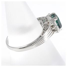 & Other Stories-PT850 Platinum Ring with Synthetic Emerald and Diamond in Excellent Condition-Silvery