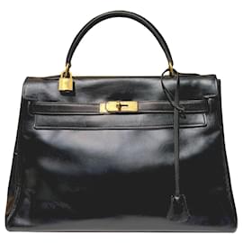 Hermès-Sehr begehrte Vintage HERMES KELLY 32 Schwarze Box & vergoldeter Schmuck-Schwarz