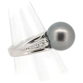 Tasaki-Anillo de metal con perlas de diamantes y platino Tasaki en excelentes condiciones-Otro