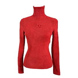 Chanel-Pull rouge corail avec logo CC en peluche-Rouge