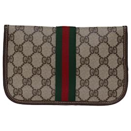 Gucci-GUCCI GG Supreme Web Sherry Line Pouch PVC Beige Red 014 89 5205 Auth ac2968-Red,Beige
