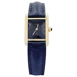 Cartier-Cartier "Tank Must" silver gold-plated watch, Black lacquered dial.-Other