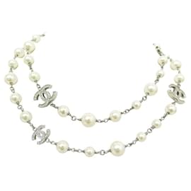 Chanel-NEW CHANEL NECKLACE PEARL NECKLACE CC LOGO SILVER 100-104 PEARLS NECKLACE-Silvery