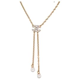 Chanel-NEW CHANEL CC LOGO NECKLACE MOTHER-OF-PEARL & PEARLS 38-54 GOLD METAL GOLD NECKLACE-Golden
