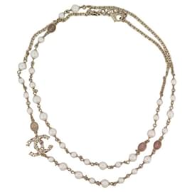 Chanel-NEW CHANEL NECKLACE PEARL & PINK STONE NECKLACE CC LOGO 90-100 NECKLACE-Golden