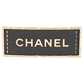 Chanel-NEUF BROCHE CHANEL PLAQUE LOGO CUIR METAL DORE LEATHER STEEL GOLDEN BROOCH-Noir
