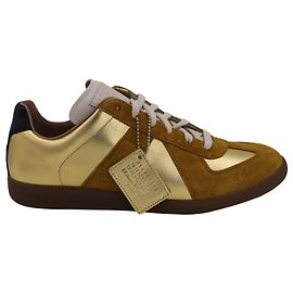 Maison Martin Margiela Maison Margiela Réplica de tênis com cadarço em couro dourado e camurça marrom Dourado