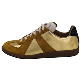 Maison Martin Margiela-Maison Margiela Replica Lace-Up Sneakers in Gold Leather and Brown Suede-Golden