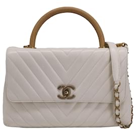 Chanel-Chanel Small Coco Top Handle Bag in White Leather-White
