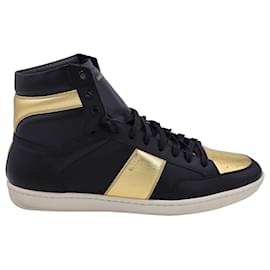 Saint Laurent-SAINT LAURENT SL/10 Court Classic High Sneakers in Black and Gold Leather-Black