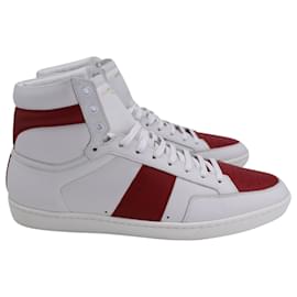 Saint Laurent-SAINT LAURENT SL/10 Court Classic High Sneakers in White and Red Leather-White