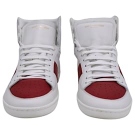 Saint Laurent-SAINT LAURENT SL/10 Court Classic High Sneakers in White and Red Leather-White