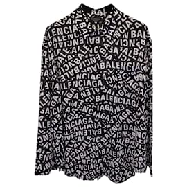 Balenciaga-Balenciaga Logo Print Long Sleeve Button-Up Shirt in Black Silk-Other