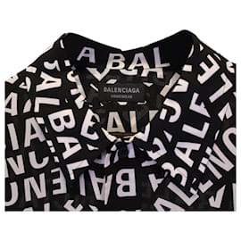 Balenciaga-Balenciaga Logo Print Long Sleeve Button-Up Shirt in Black Silk-Other