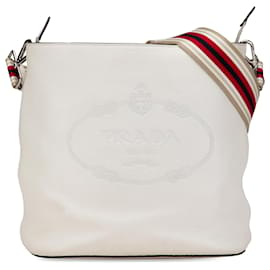 Prada-Prada White Vitello Phenix Logo Bucket Bag-White,Cream