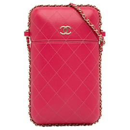 Chanel-Chaîne autour du support de téléphone en cuir de veau matelassé CC rose Chanel-Rose