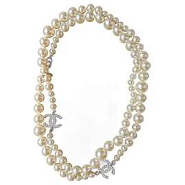 Chanel-Collier long à déclaration de perles classiques CC 08V avec pochette et boîte-Argenté