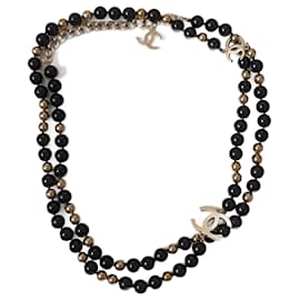 Chanel-Collar largo negro y dorado con perlas y logotipo CC B16S GHW.-Negro